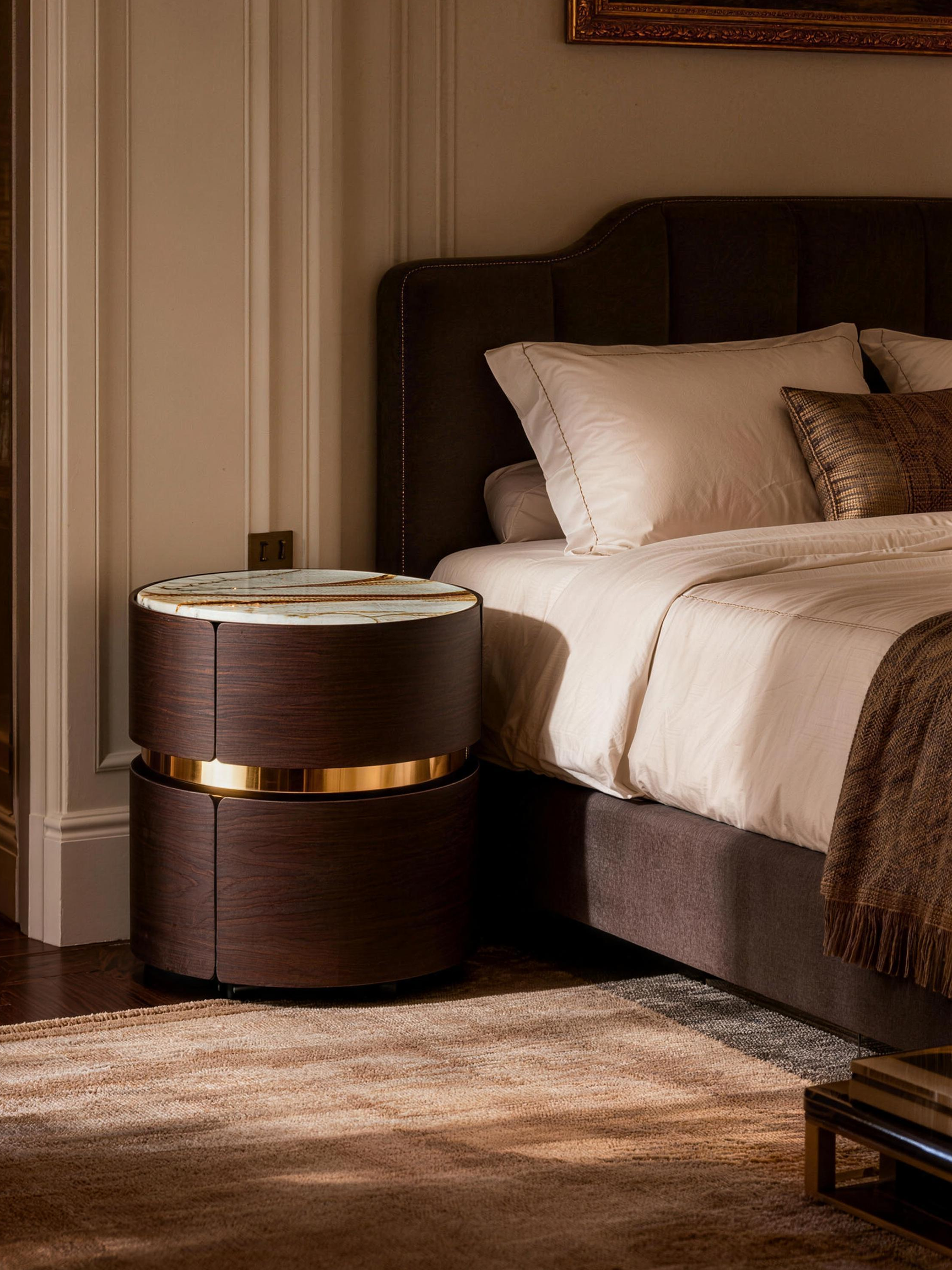 VESTA Roman Impression Stone Top Smoked Wood Bedside Table