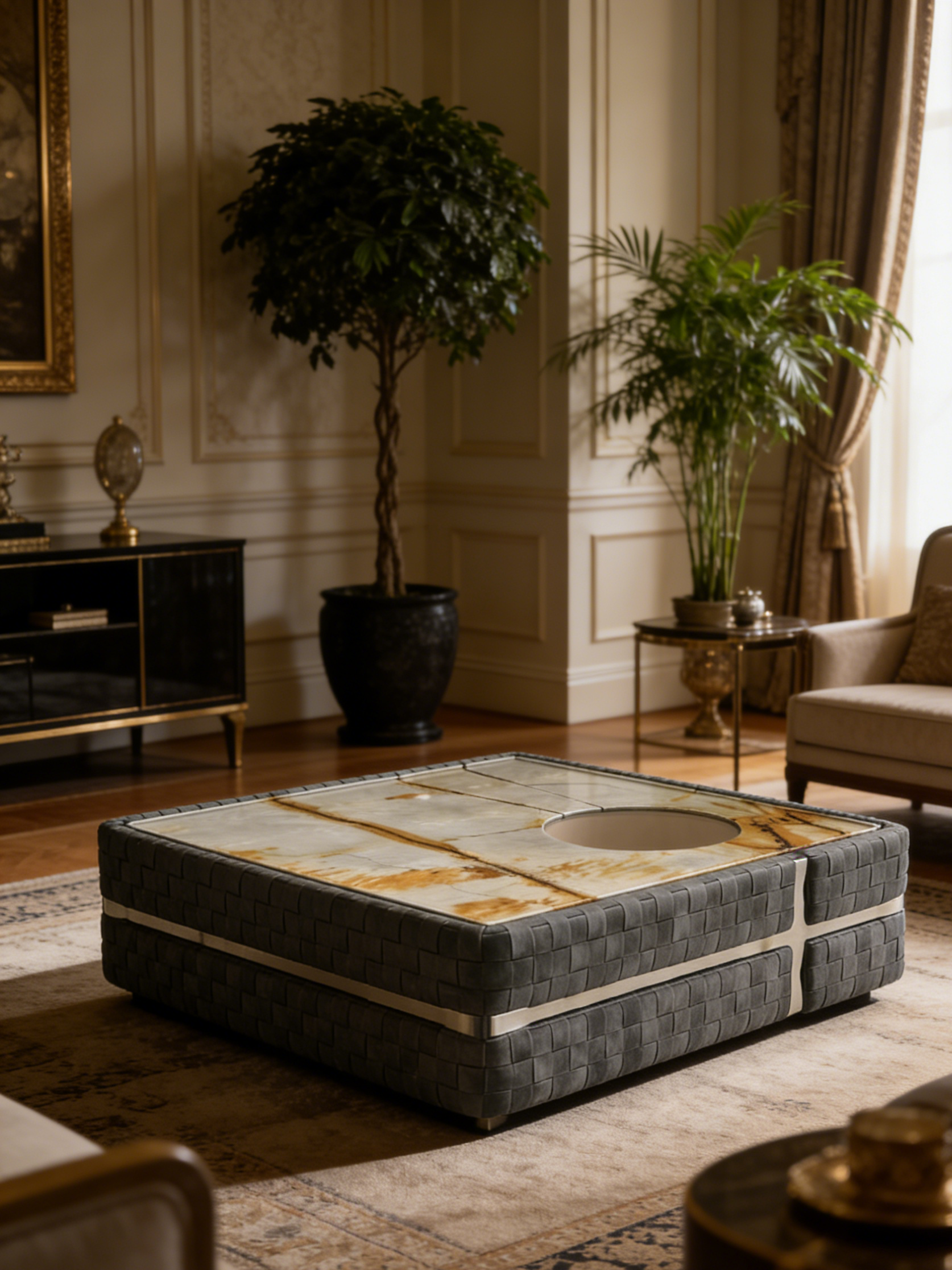 ROMA Marble-Top Woven Leather Coffee Table