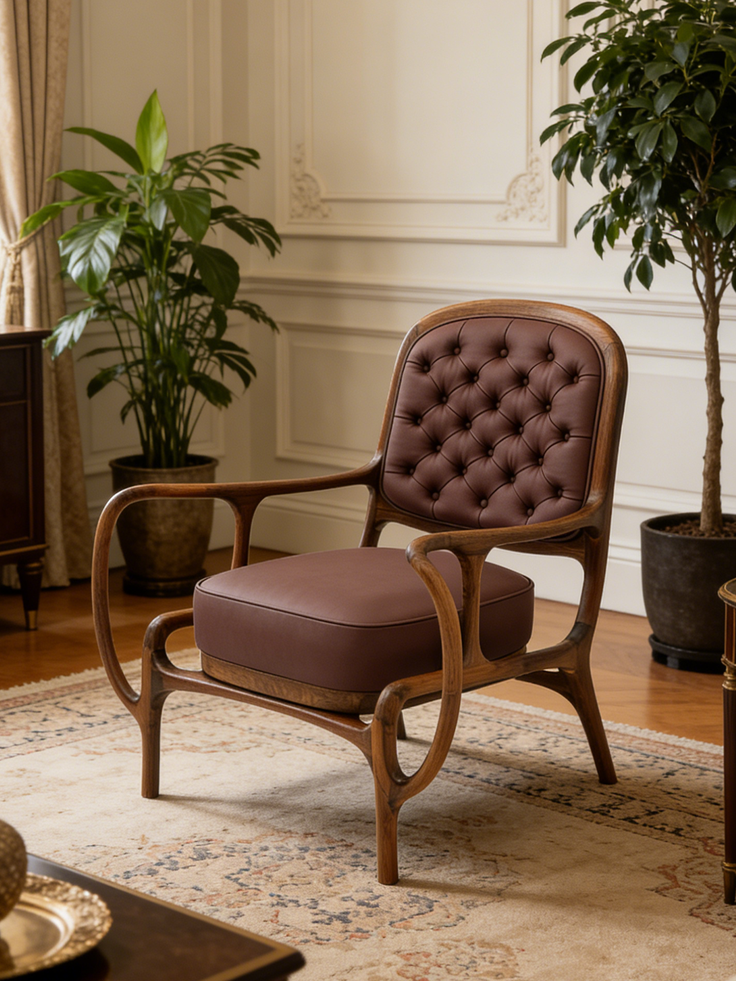 HYMN Solid Black Walnut & Quilted Leather Lounge Chair