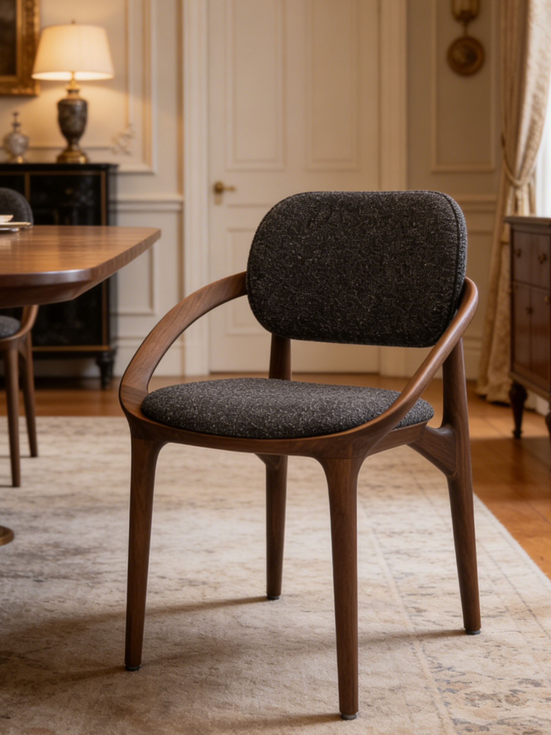 RONDA Black Walnut Fabric Dining Chair with Armrests