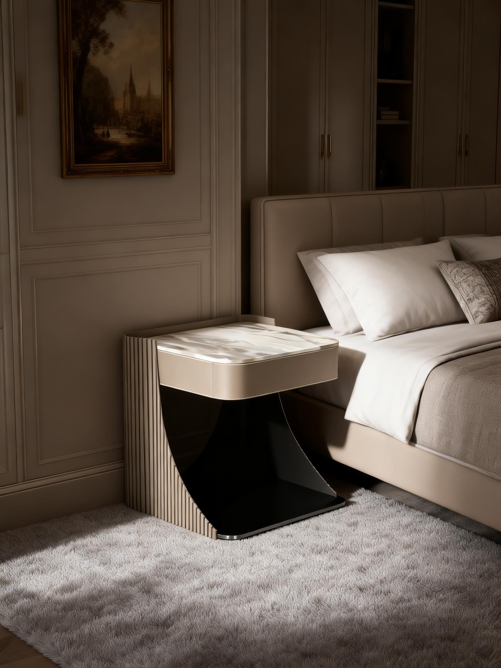 LUMI Marble Top Bedside Table with Gloss Metal Lacquer and Saddle Leather