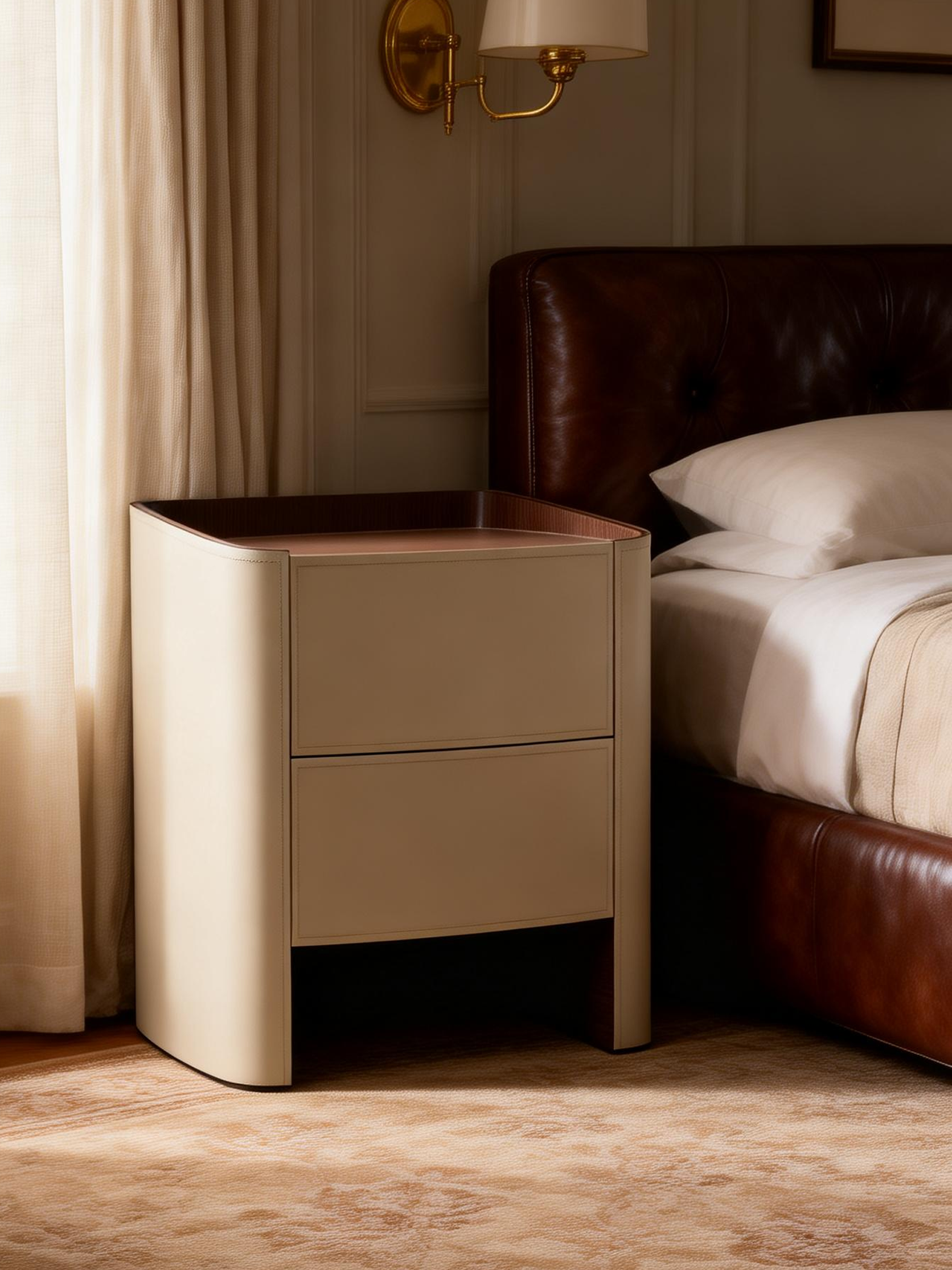 SADDLE Two-Drawer Bedside Table with Saddle Leather Finish