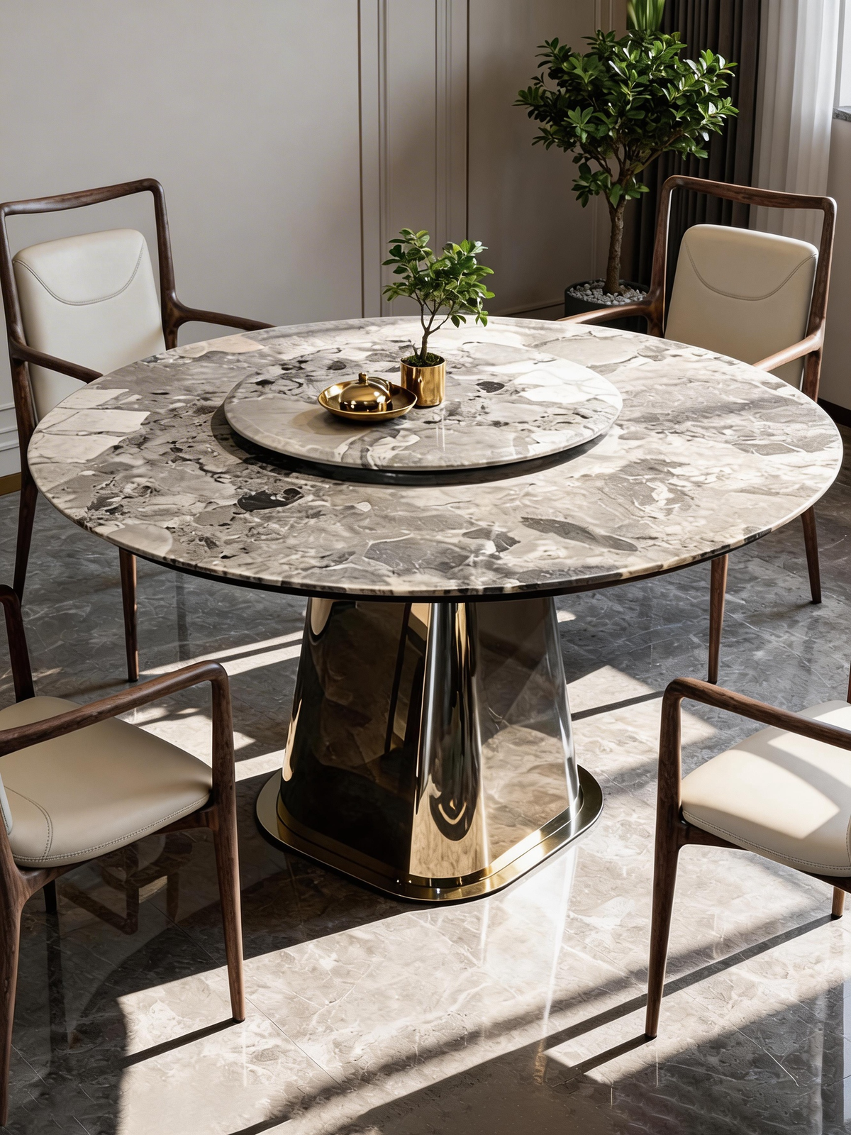 VITTORIA Victoria Grey Marble Round Dining Table with Lazy Susan