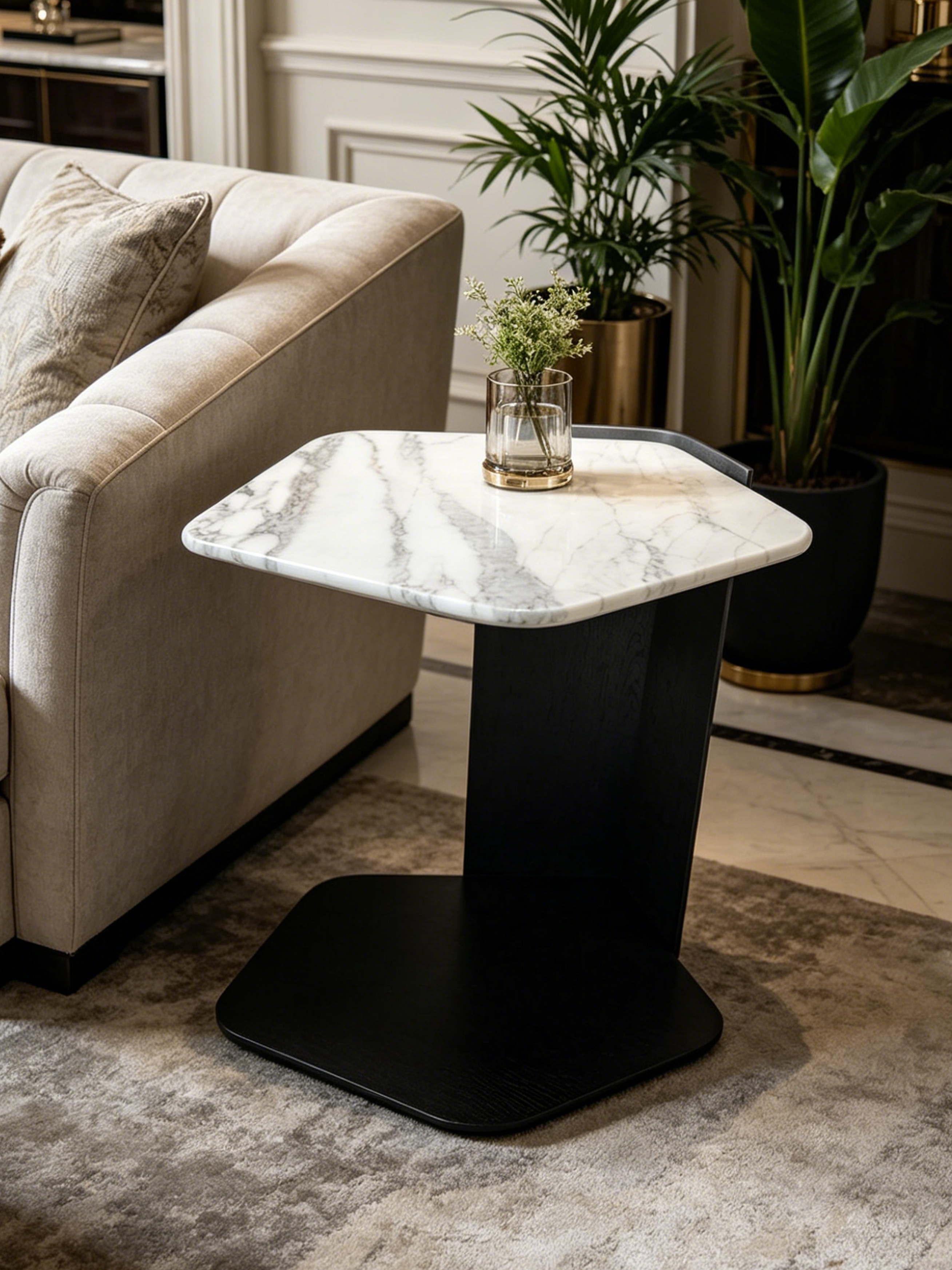 ALBA Snow White Marble Side Table with Black Titanium Base