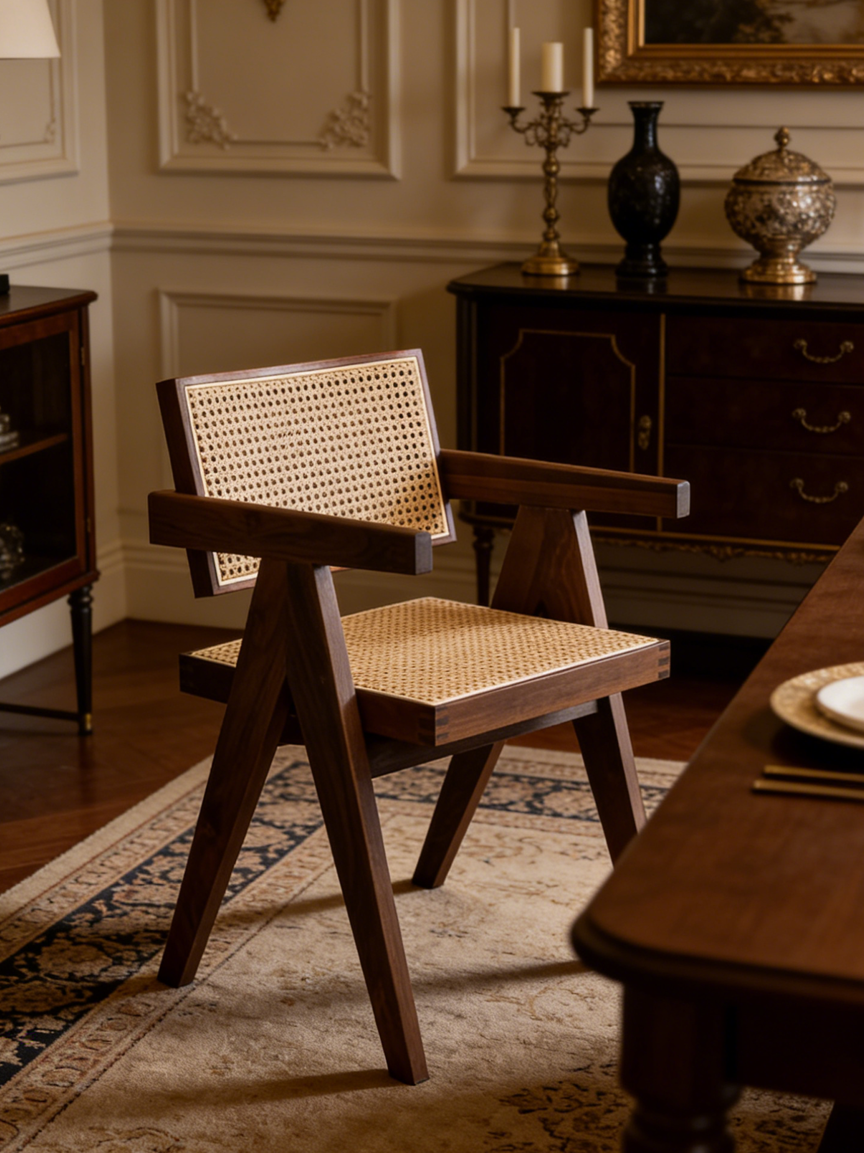 SERATA Walnut Rattan Dining Chair with Armrests
