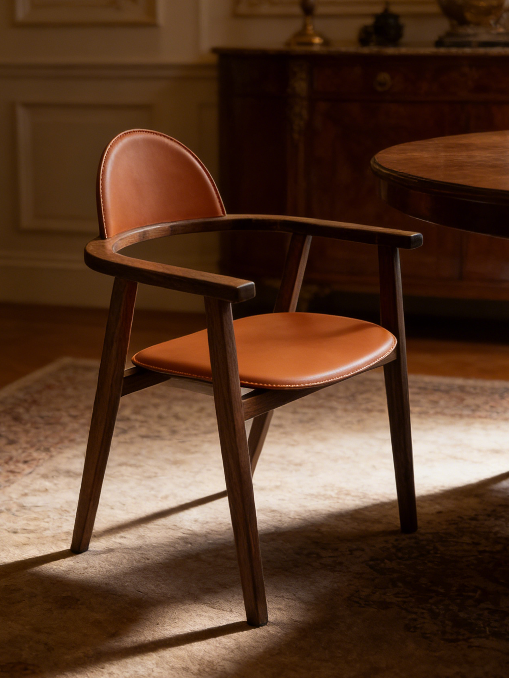 ORLA Walnut Saddle Leather Dining Chair with Armrests