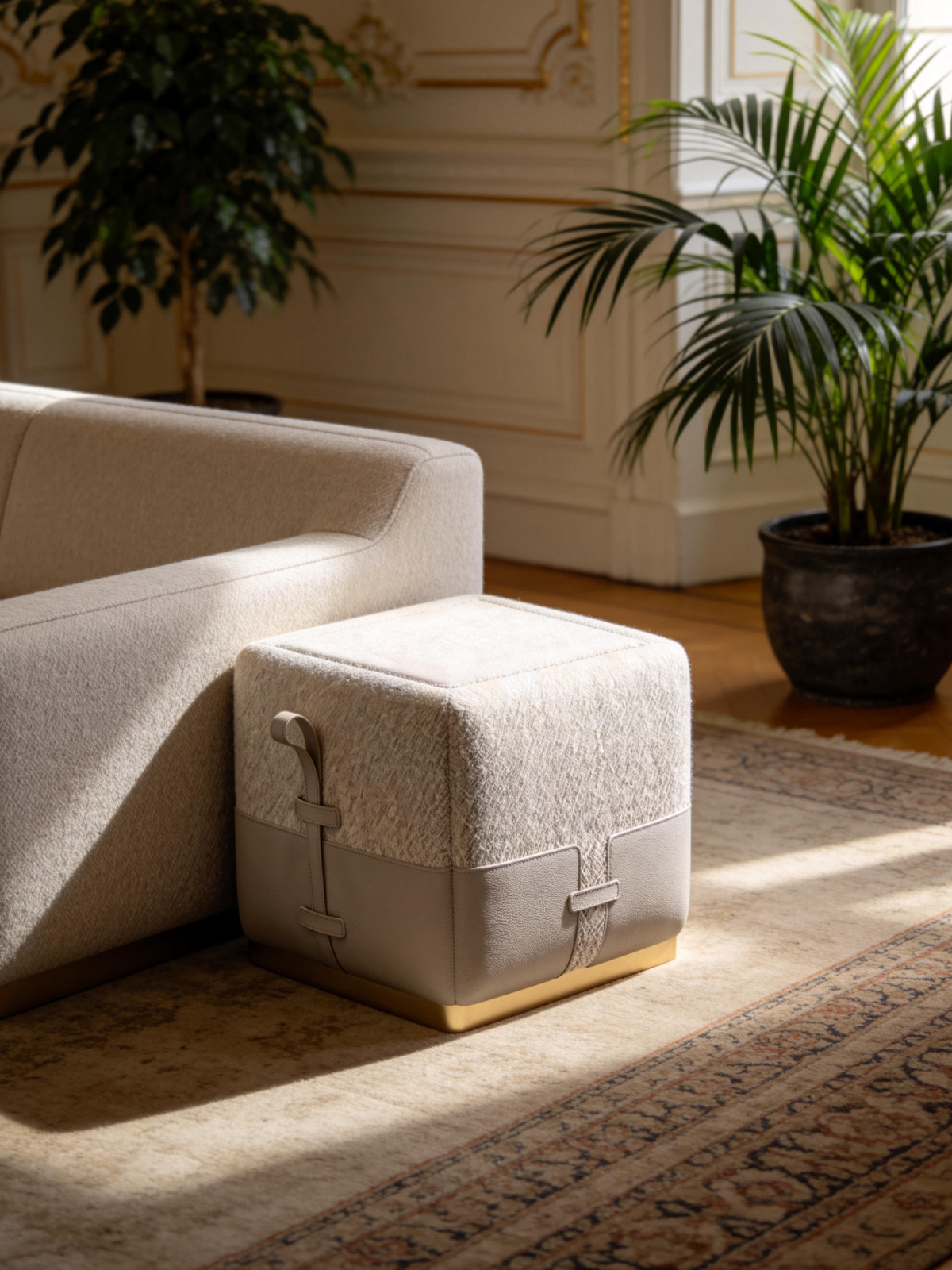 MONA Saddle Leather & Fabric Cube Stool