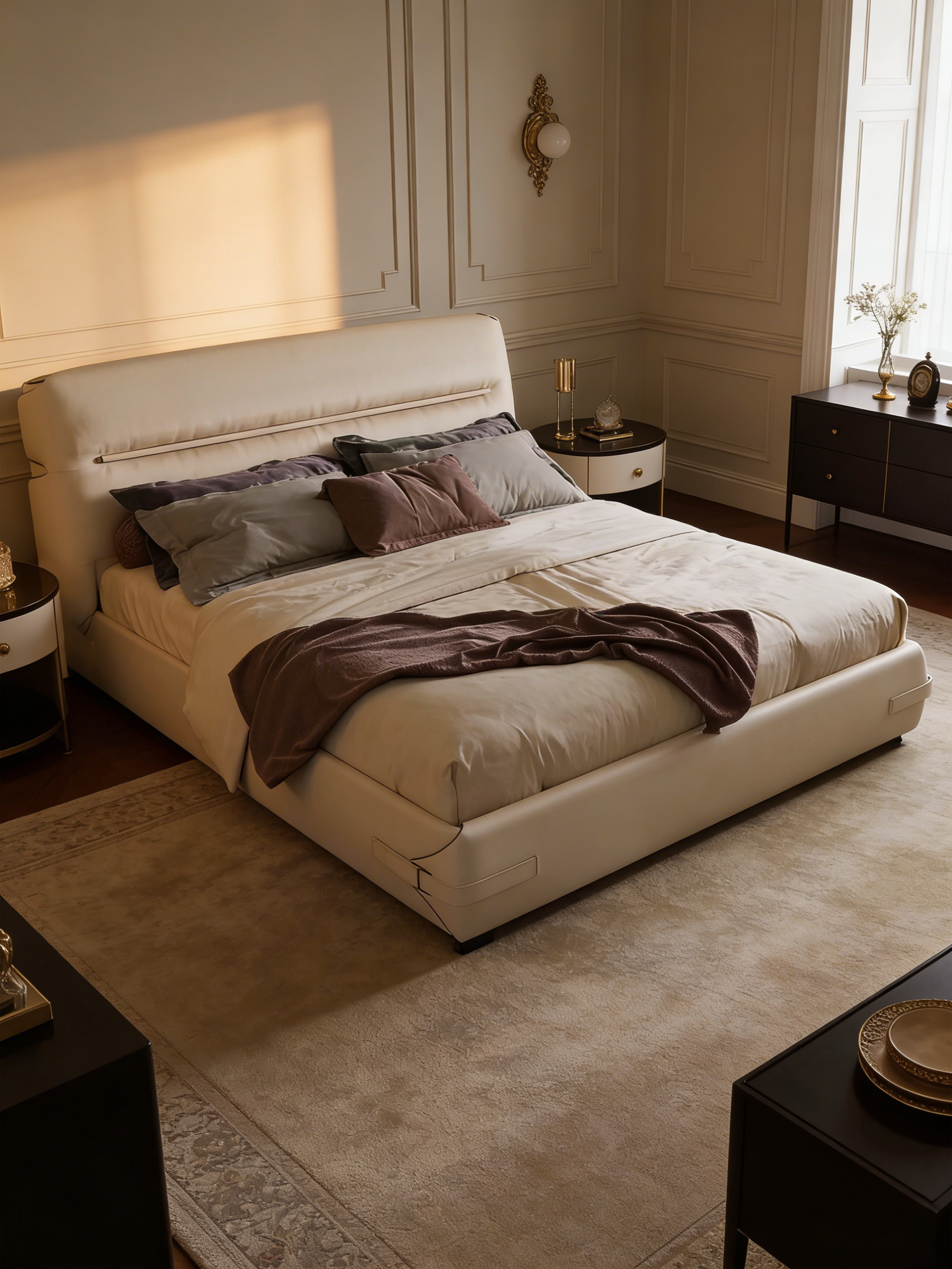 Soffio Luxury Genuine Leather & Solid Wood Bed