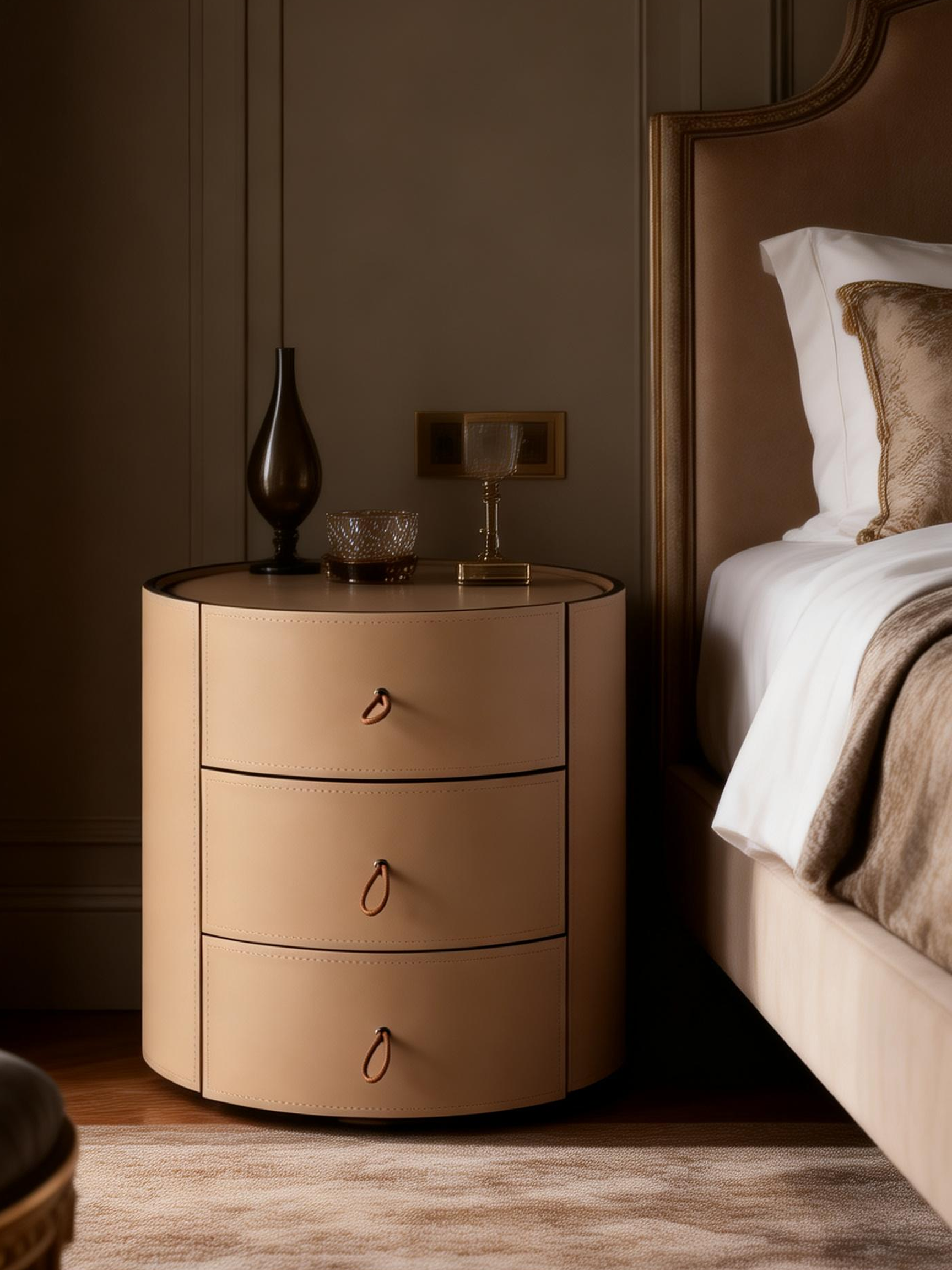 STACK Round Saddle Leather Three-Drawer Bedside Table