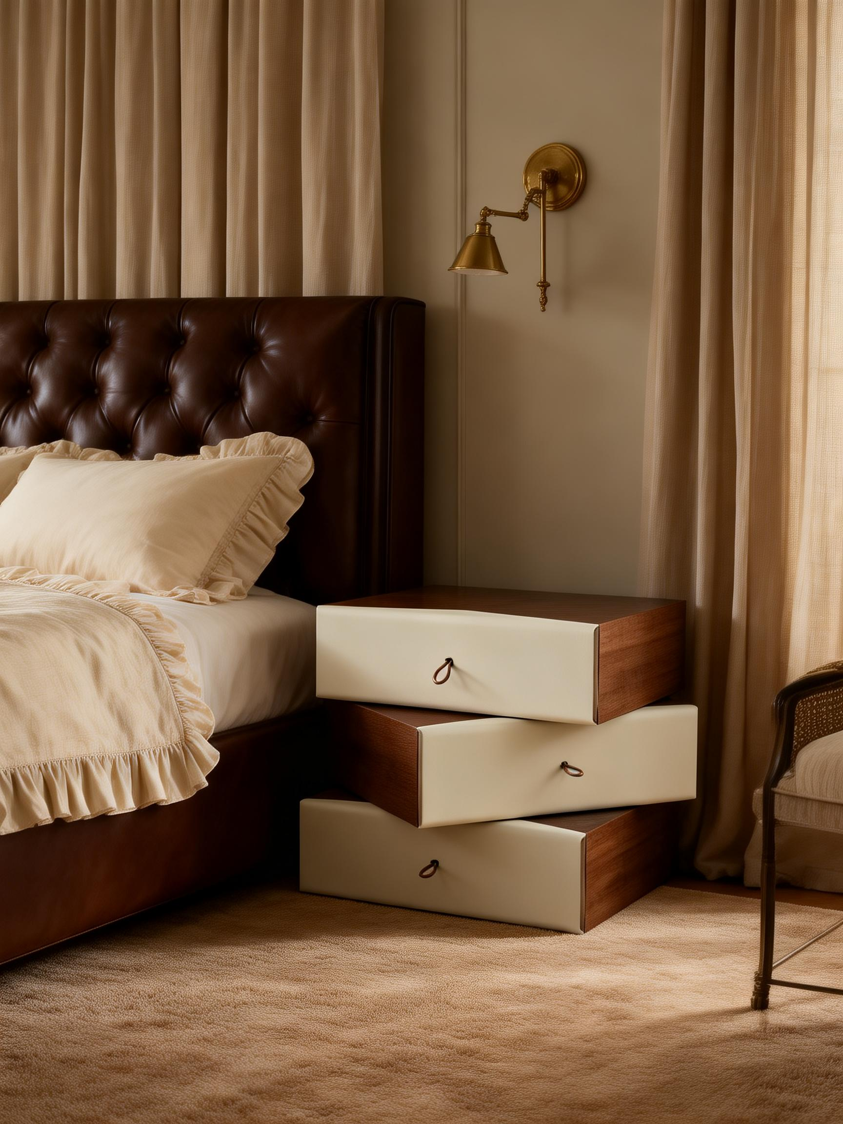 PINE Stacked Walnut & Saddle Leather Bedside Table
