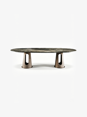 MetalloMar Cloud-Veined Marble Dining Table with Leather-Wrapped Metal Legs