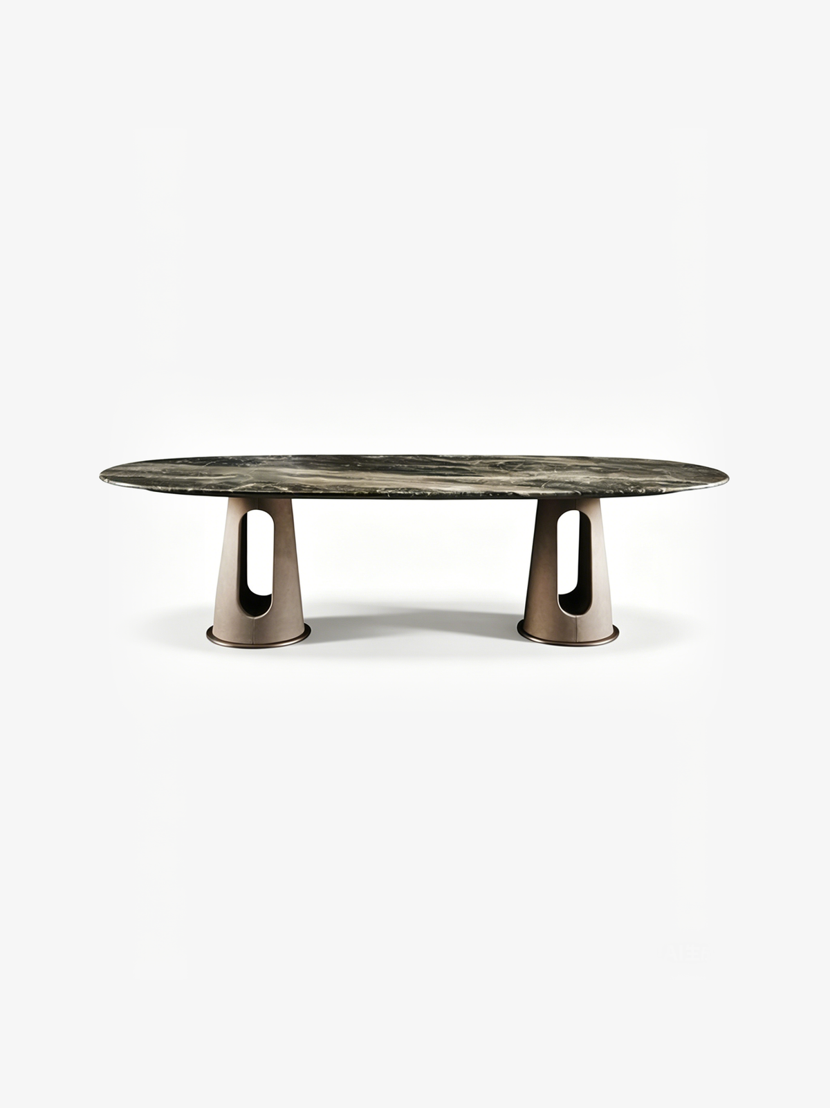 MetalloMar Cloud-Veined Marble Dining Table with Leather-Wrapped Metal Legs