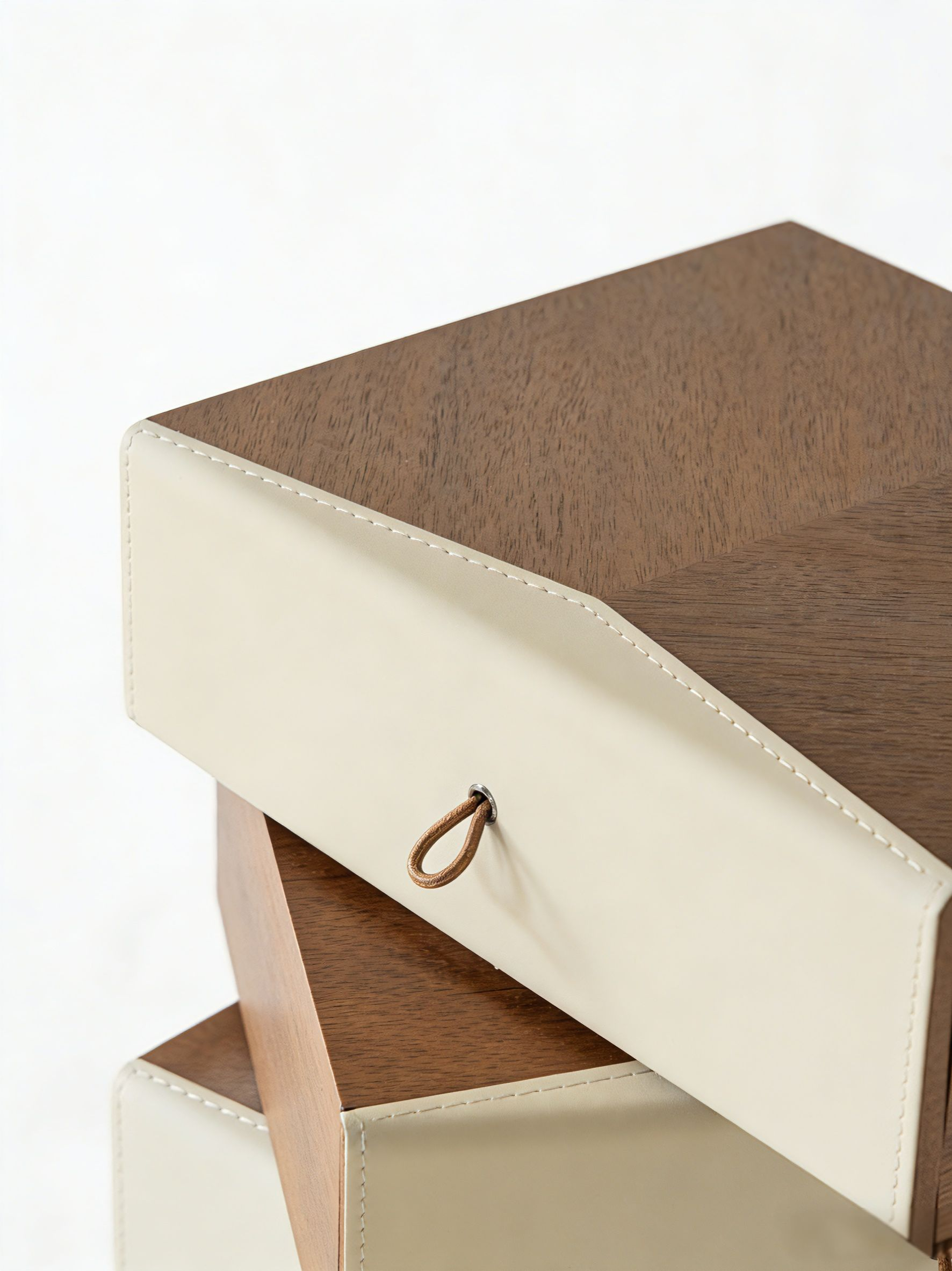 PINE Stacked Walnut & Saddle Leather Bedside Table