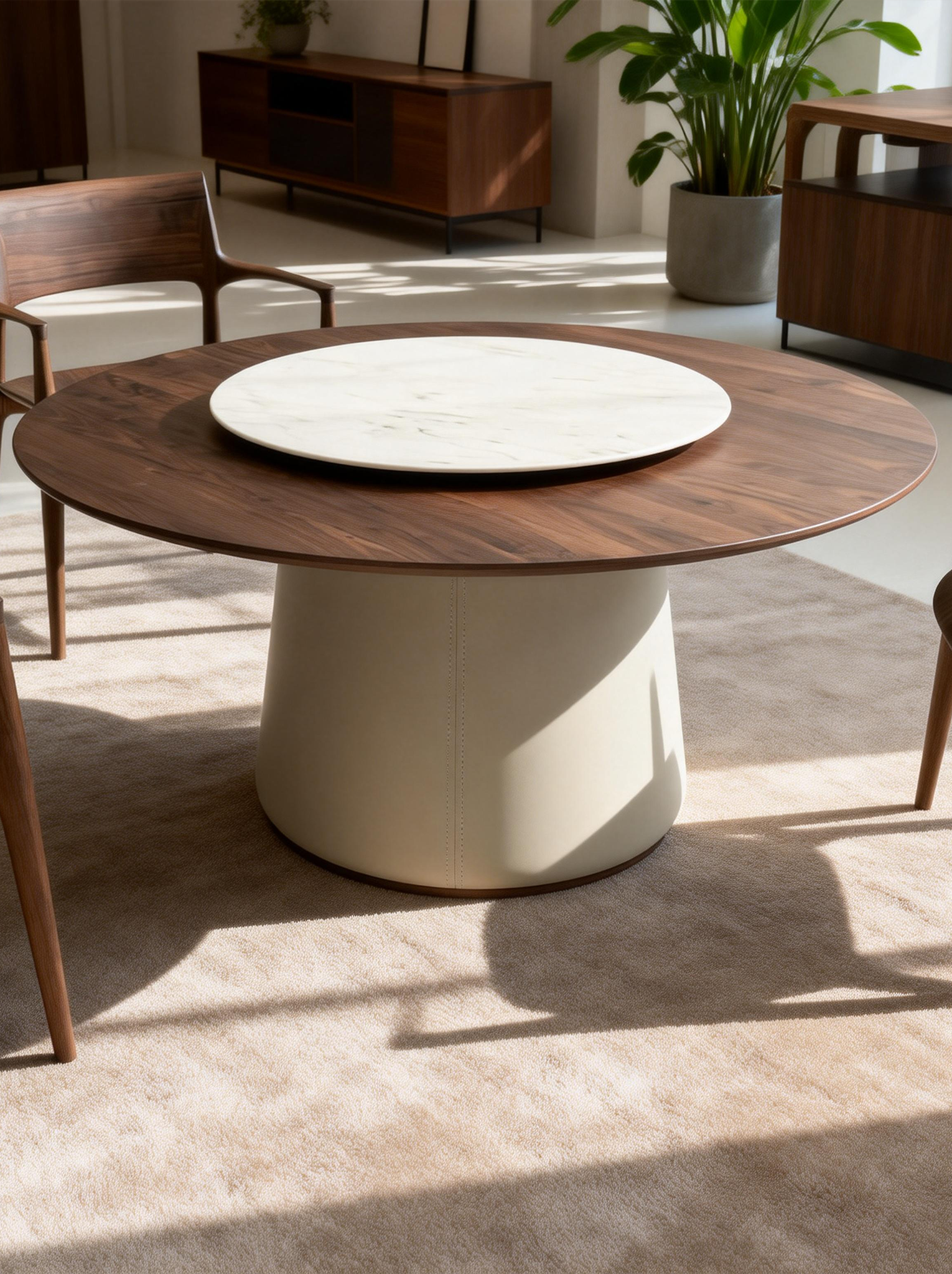 OVA Walnut Round Dining Table with Removable Marble Lazy Susan
