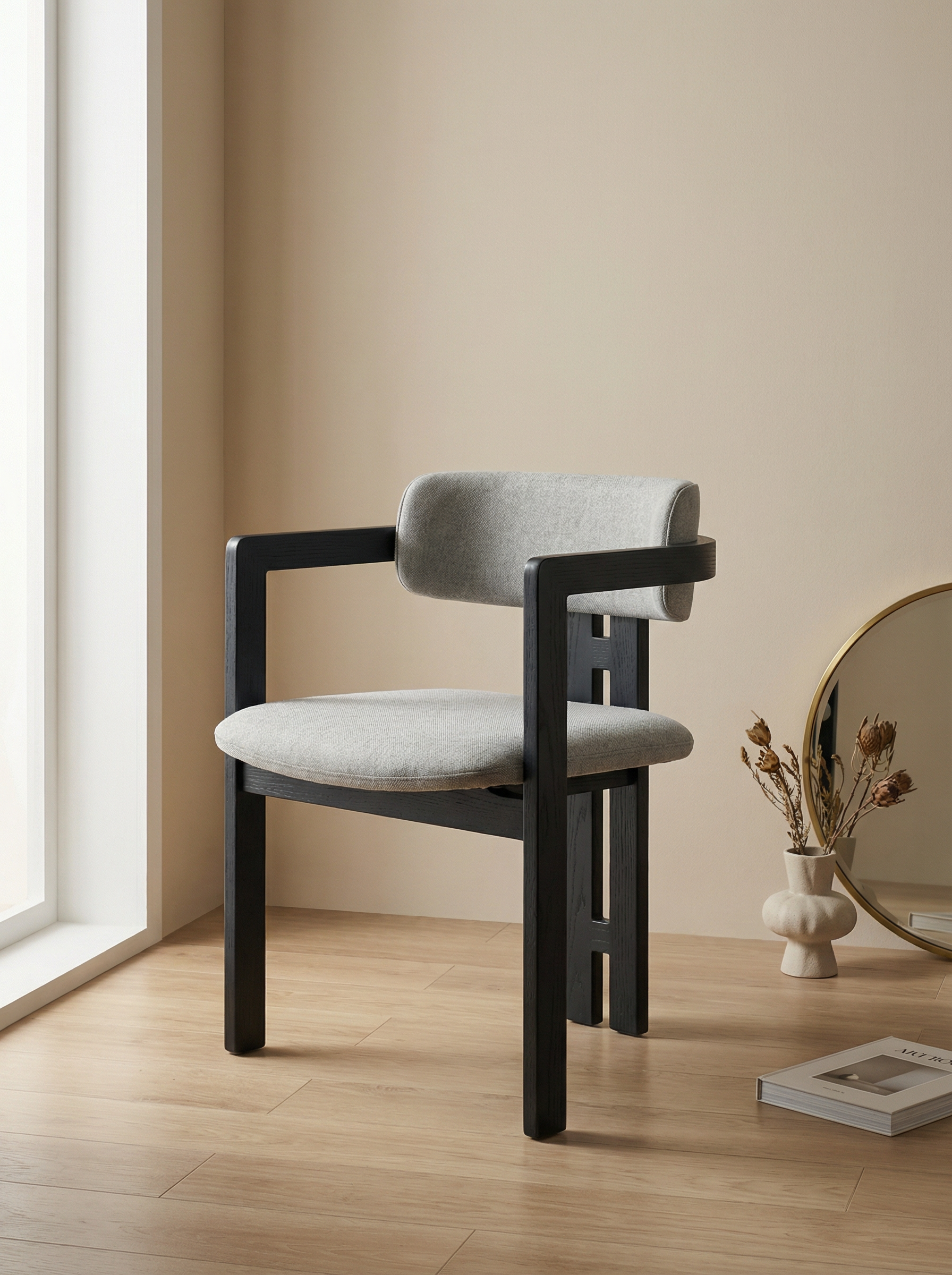 MILO Ash Wood Bouclé Dining Chair with Armrests