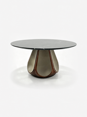 ODETTE Solid Catalpa Wood & Saddle Leather Round Dining Table