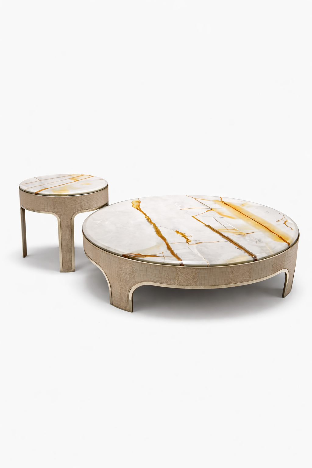 Veil Marble Coffee Table Set of 2 with Saddle Leather Base