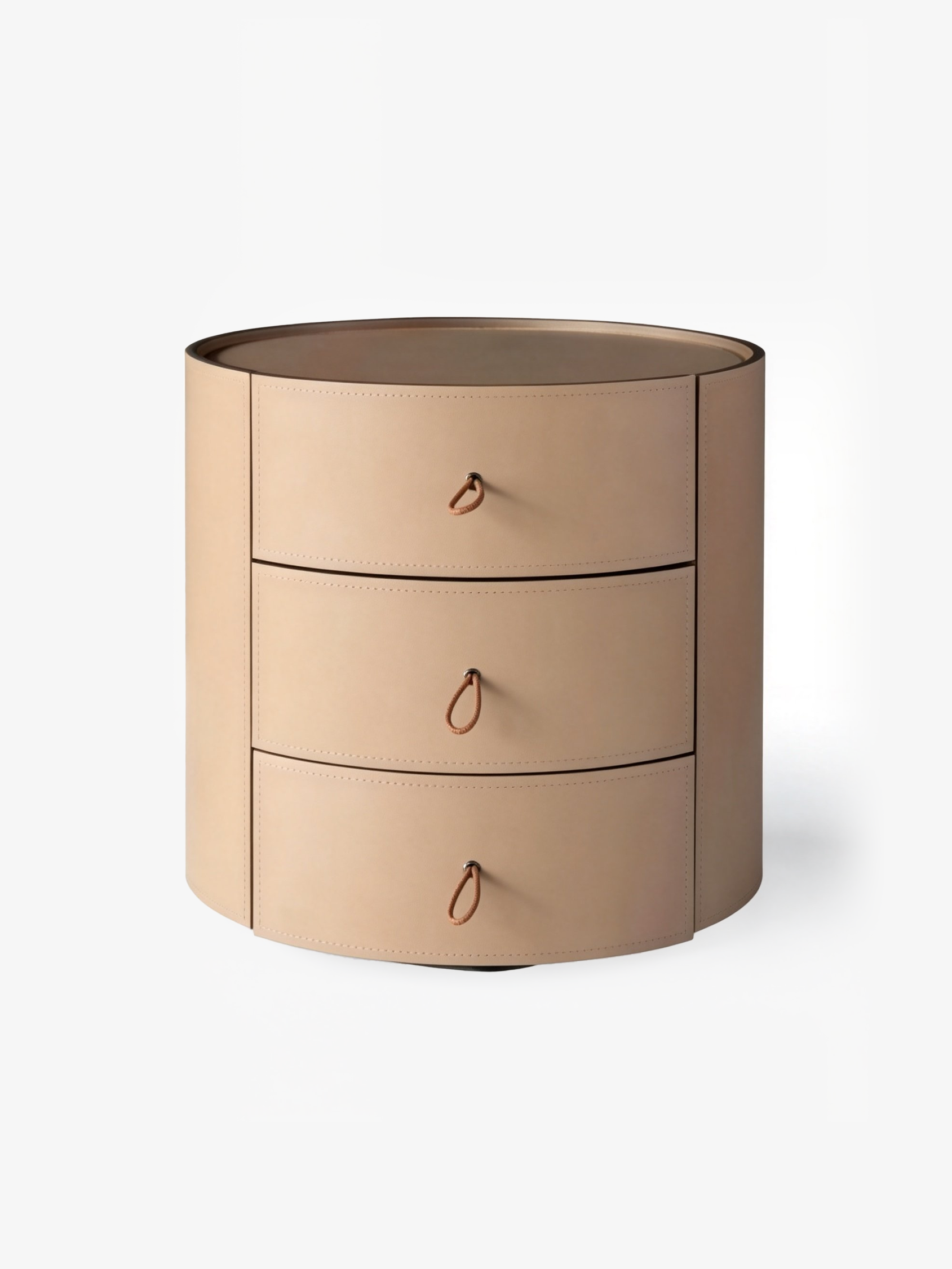 STACK Round Saddle Leather Three-Drawer Bedside Table