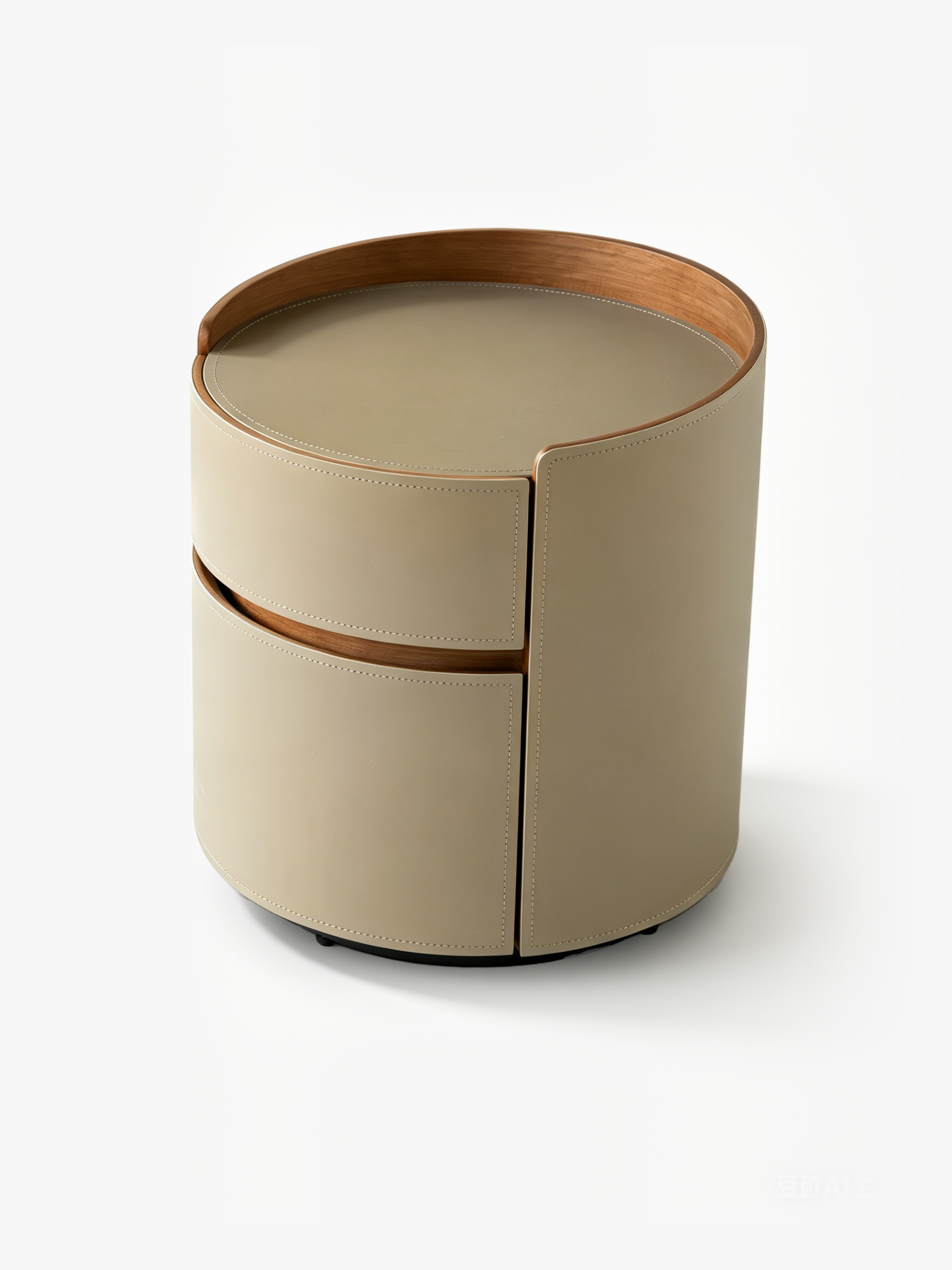 ELARA Round Walnut & Saddle Leather Bedside Table