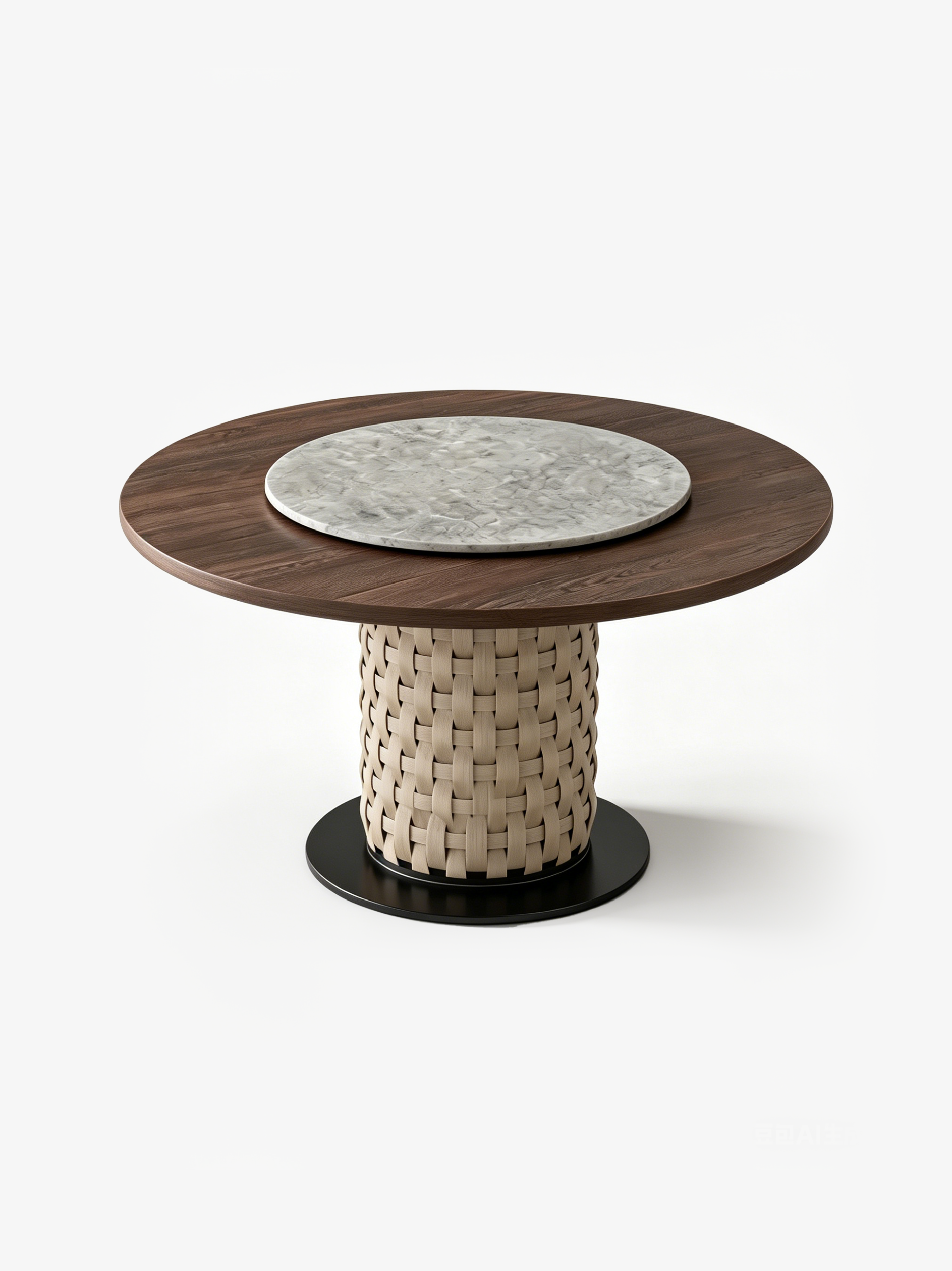 Aveline Walnut & Saddle Leather Round Dining Table with Marble Turntable