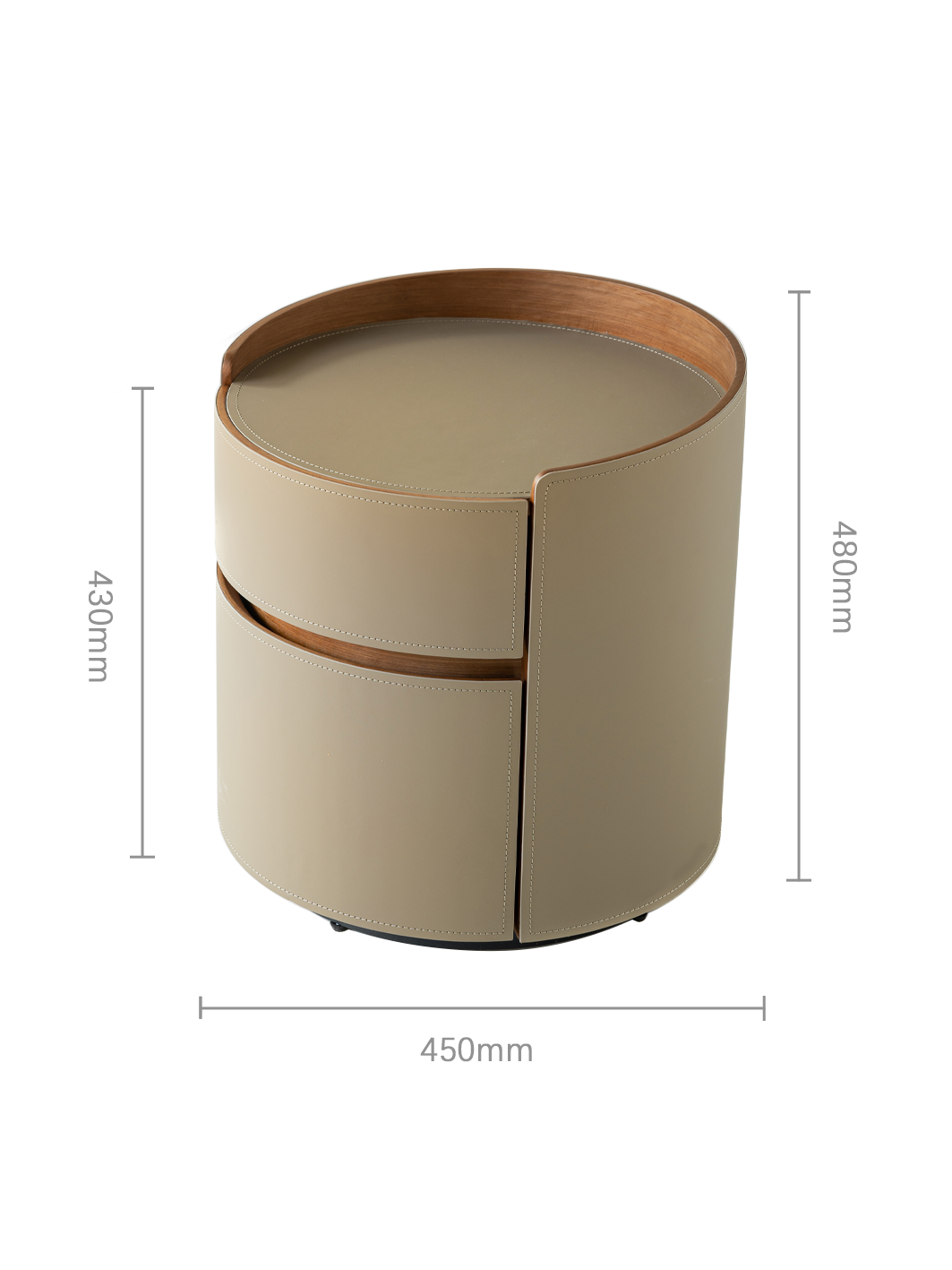 ELARA Round Walnut & Saddle Leather Bedside Table