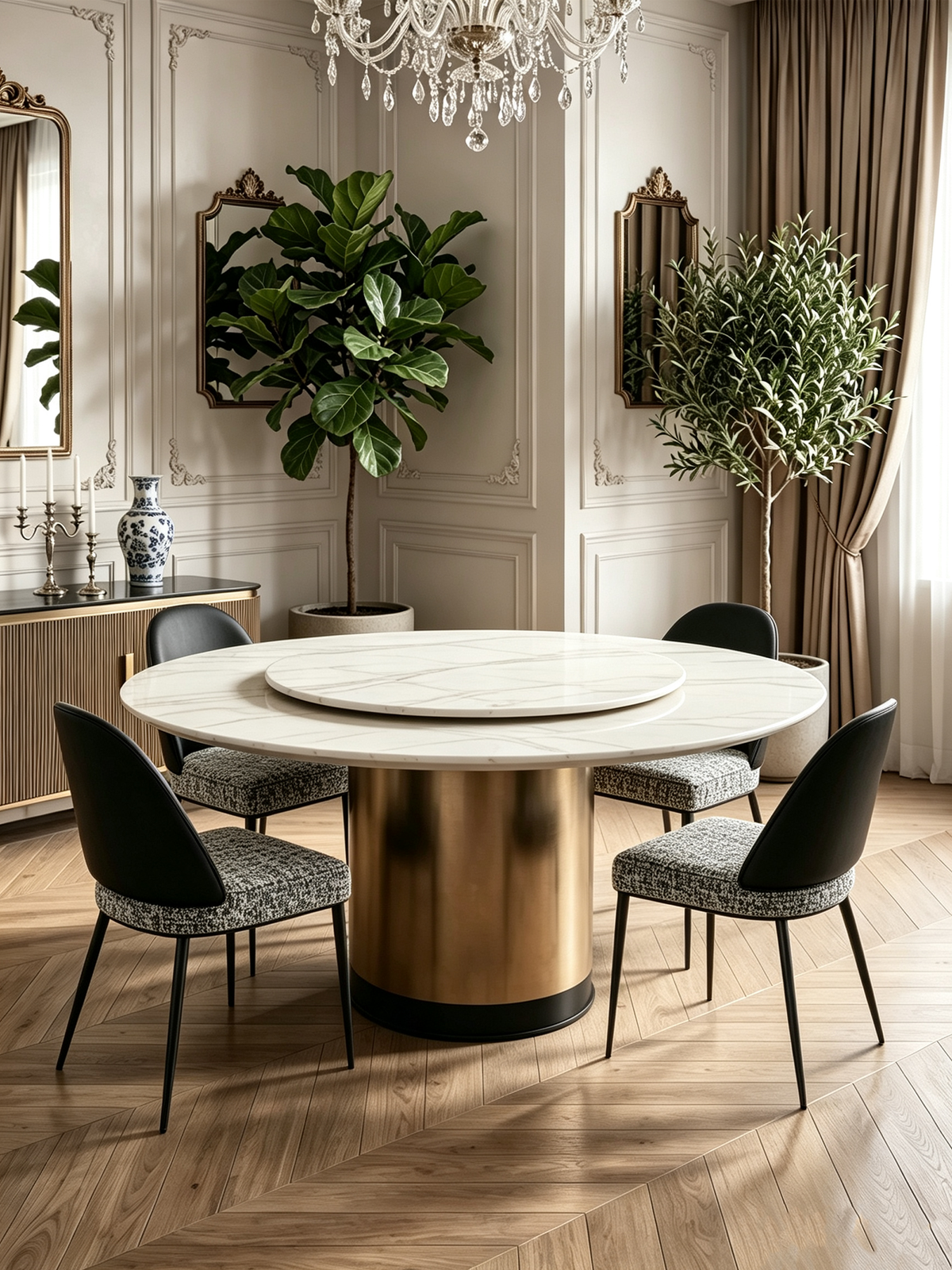 LUMINA Royal White Jade Marble Round Dining Table with Lazy Susan