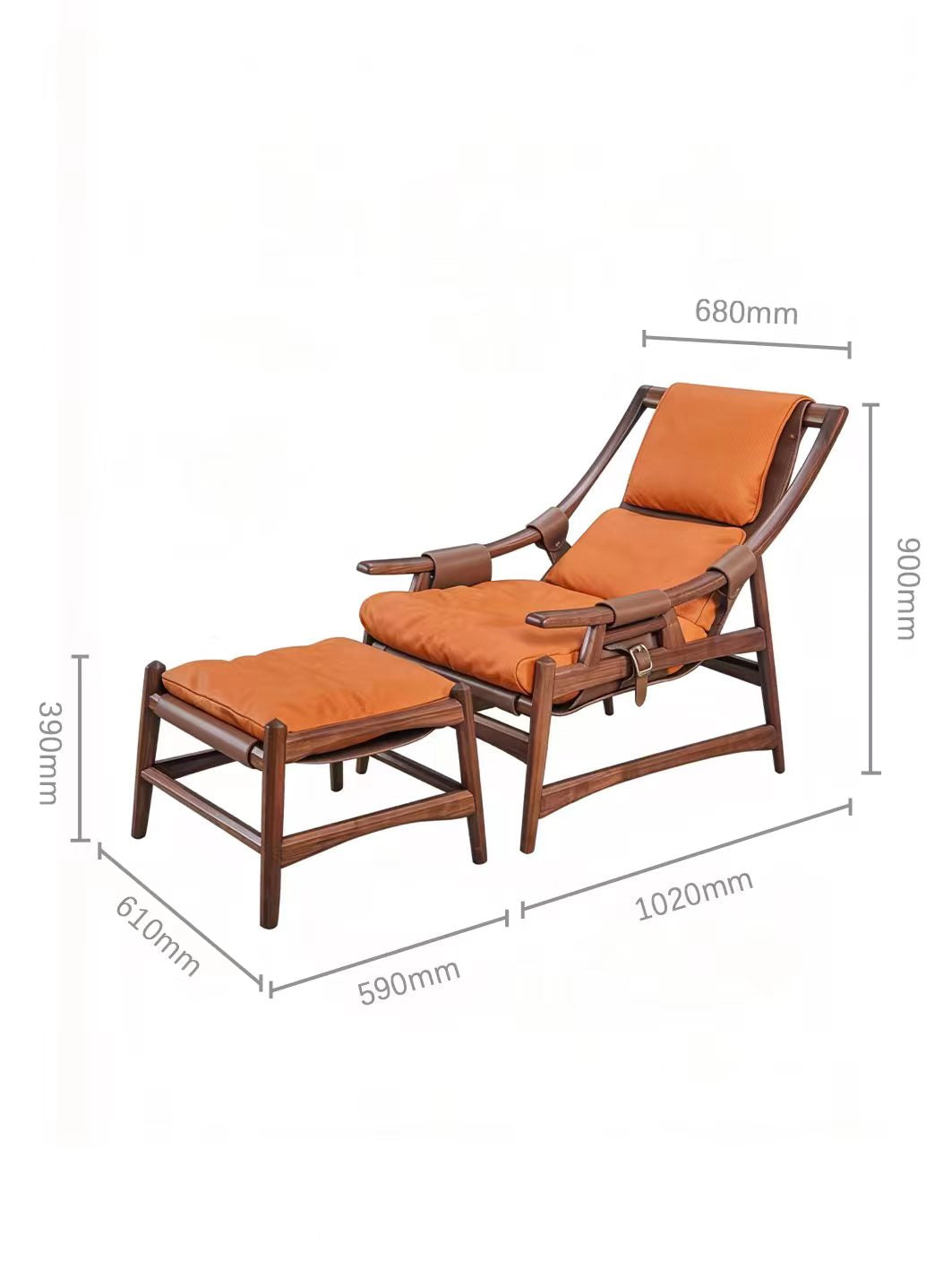 KING Solid Black Walnut & Leather Lounge Chair with Ottoman