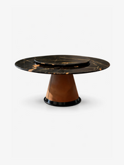 Nero Verde Marble & Saddle Leather Round Dining Table with Turntable