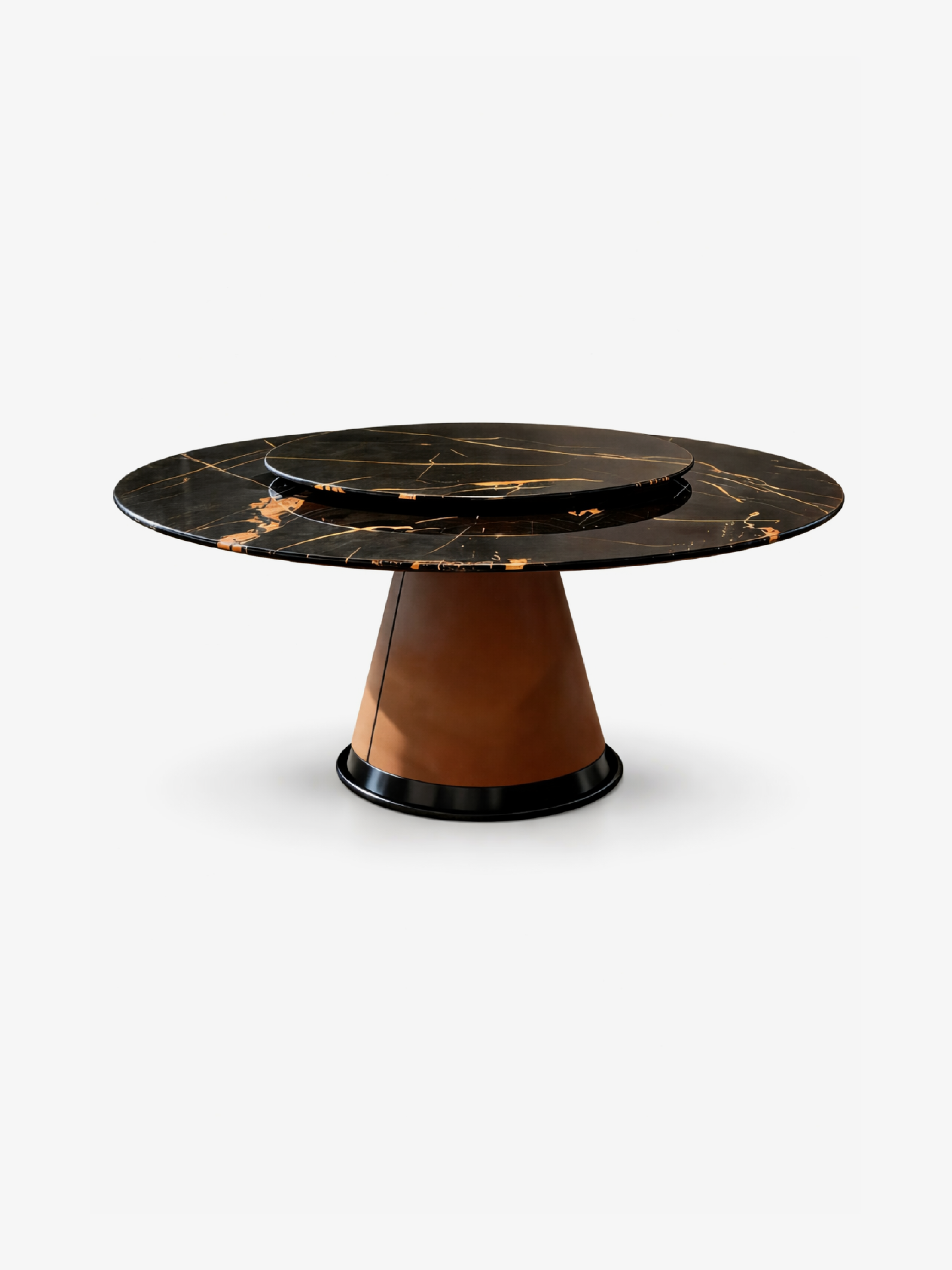 Nero Verde Marble & Saddle Leather Round Dining Table with Turntable