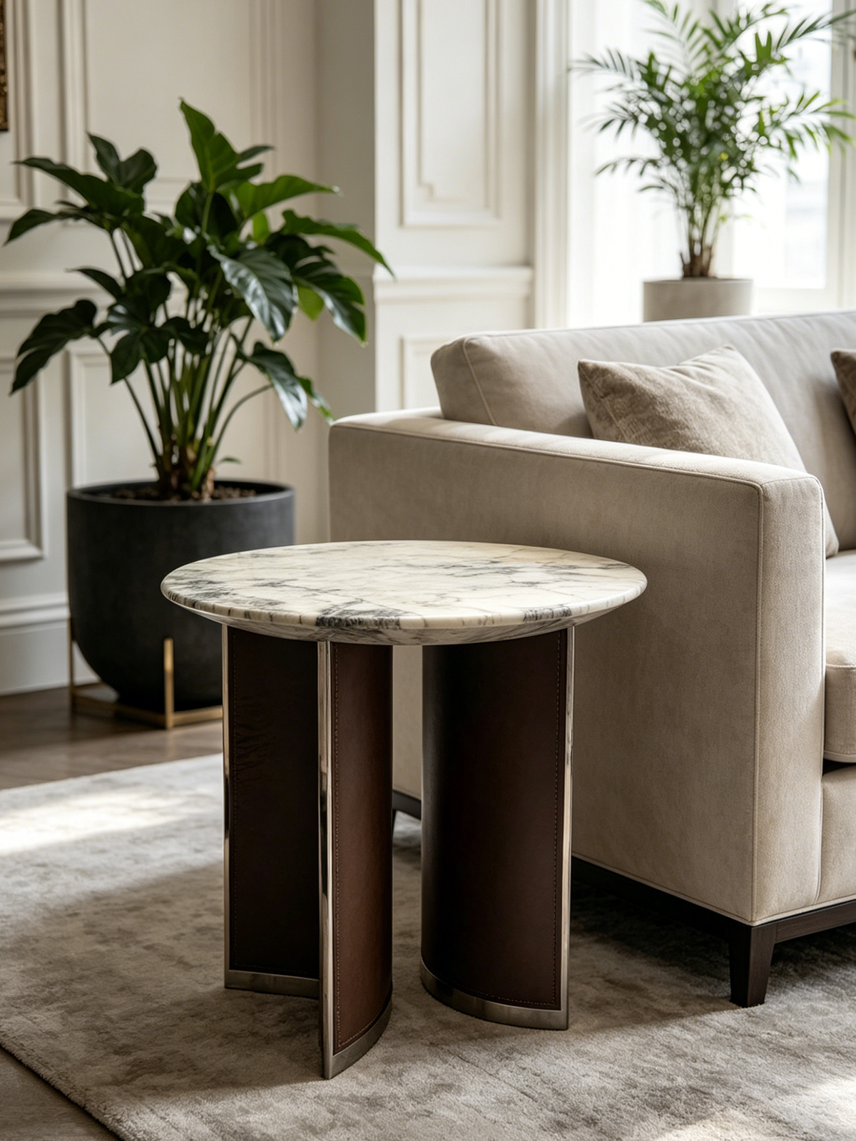 PICASSA Marble & Saddle Leather Side Table